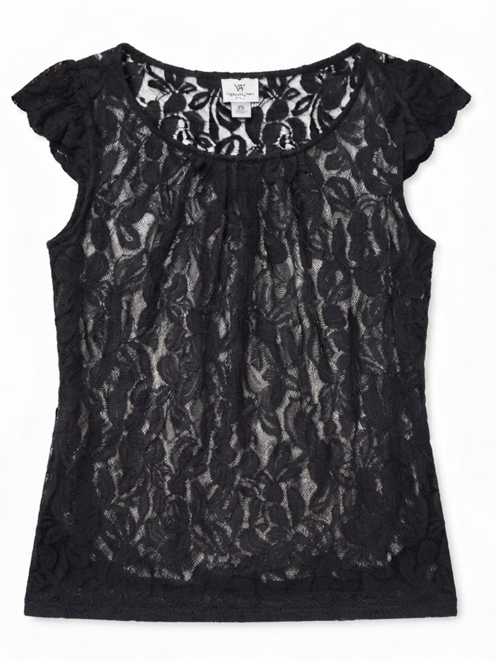 WORTHINGTON Black Floral Lace Cap-Sleeve Blouse SP
